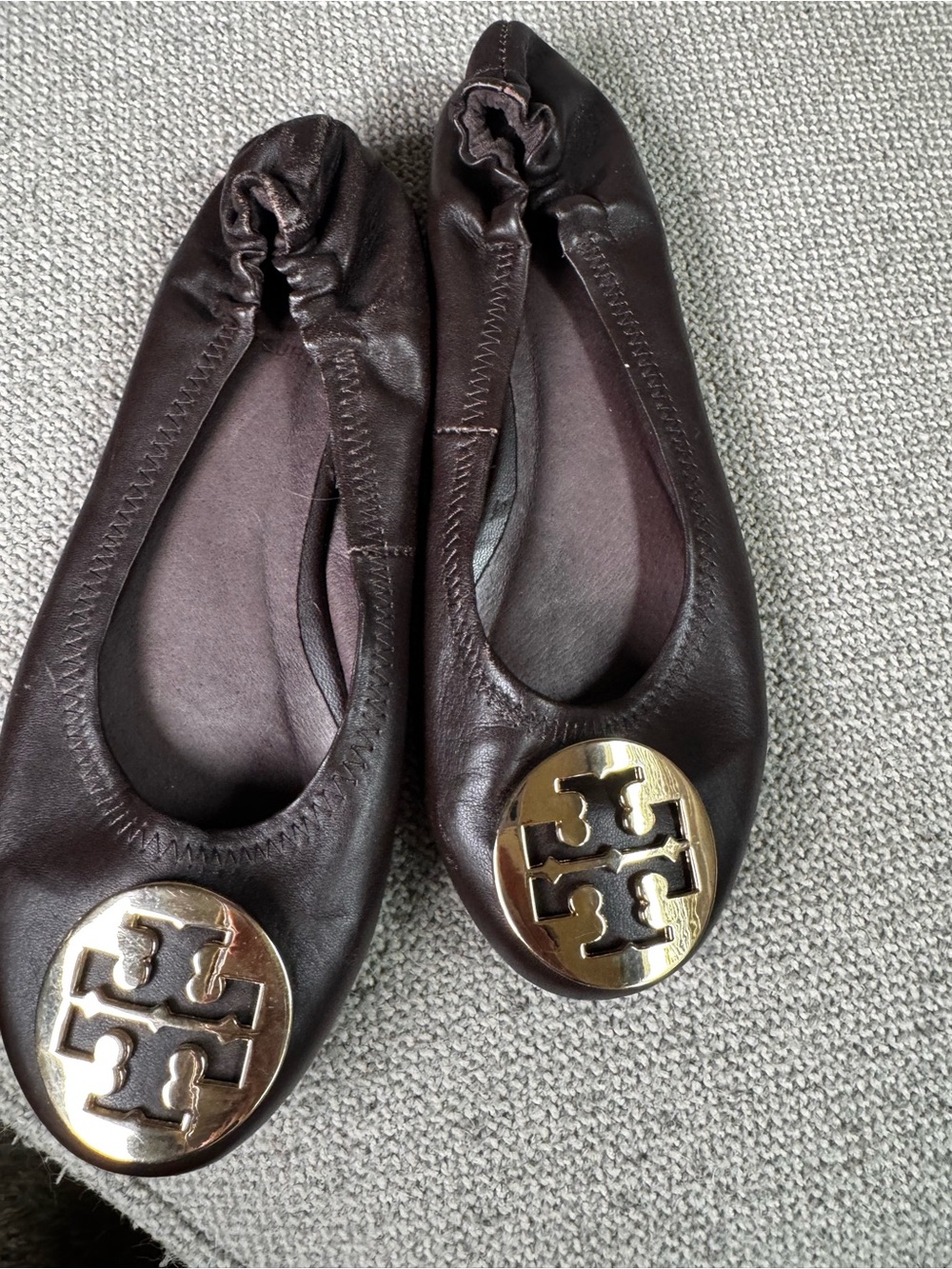 Tory Burch Brown Leather Logo Ballet Flats with Gold Medallion